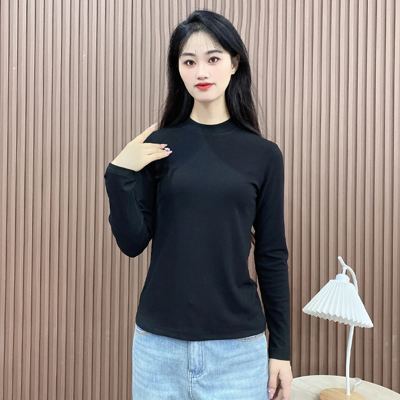 女生春秋内搭时尚半高领打底衫纯色长袖T恤百搭遮肉显瘦修身Y119