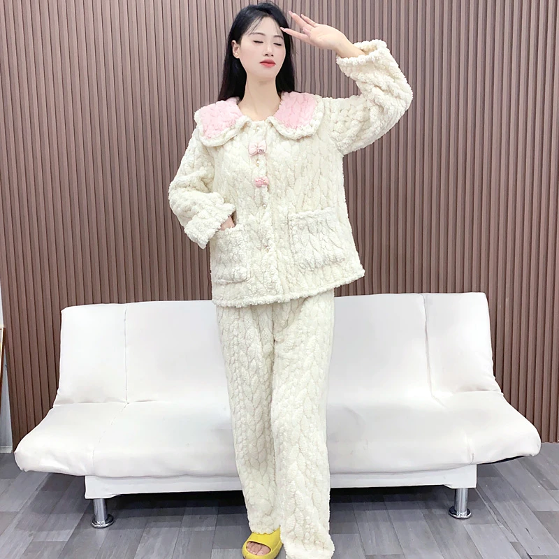 秋冬季女士睡衣女生法兰绒提花加厚毛绒珊瑚绒保暖家居服套装Y143