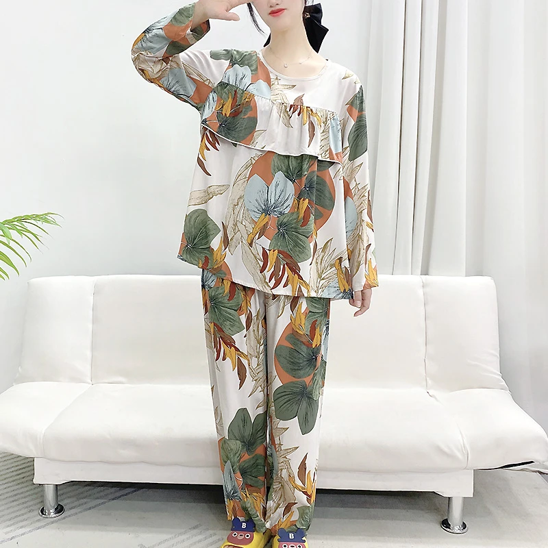 圆领防凸点棉绸女士睡衣套装春秋薄款大码长袖妈妈款家居服夏Y110