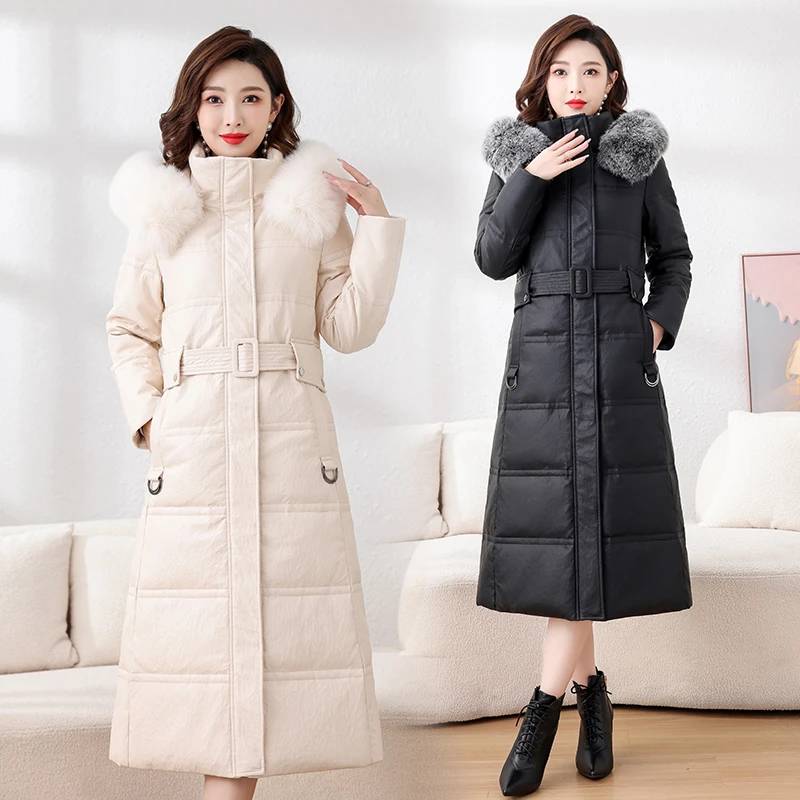 真皮羽绒服狐狸毛领连帽修身中长款过膝皮衣海宁女士皮外套8811-1