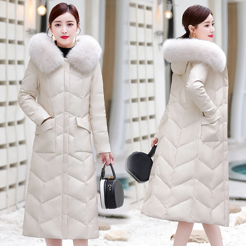 真皮羽绒服女狐狸毛领连帽修身中长款过膝皮衣海宁女士皮外套8820