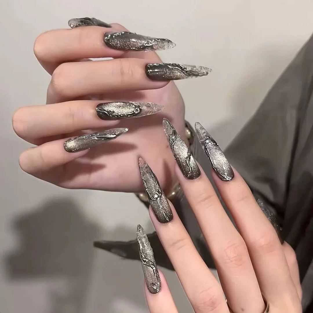 《墨染琉璃》朋客黑色气质猫眼美甲贴秋冬片高级感轻奢中长款设计