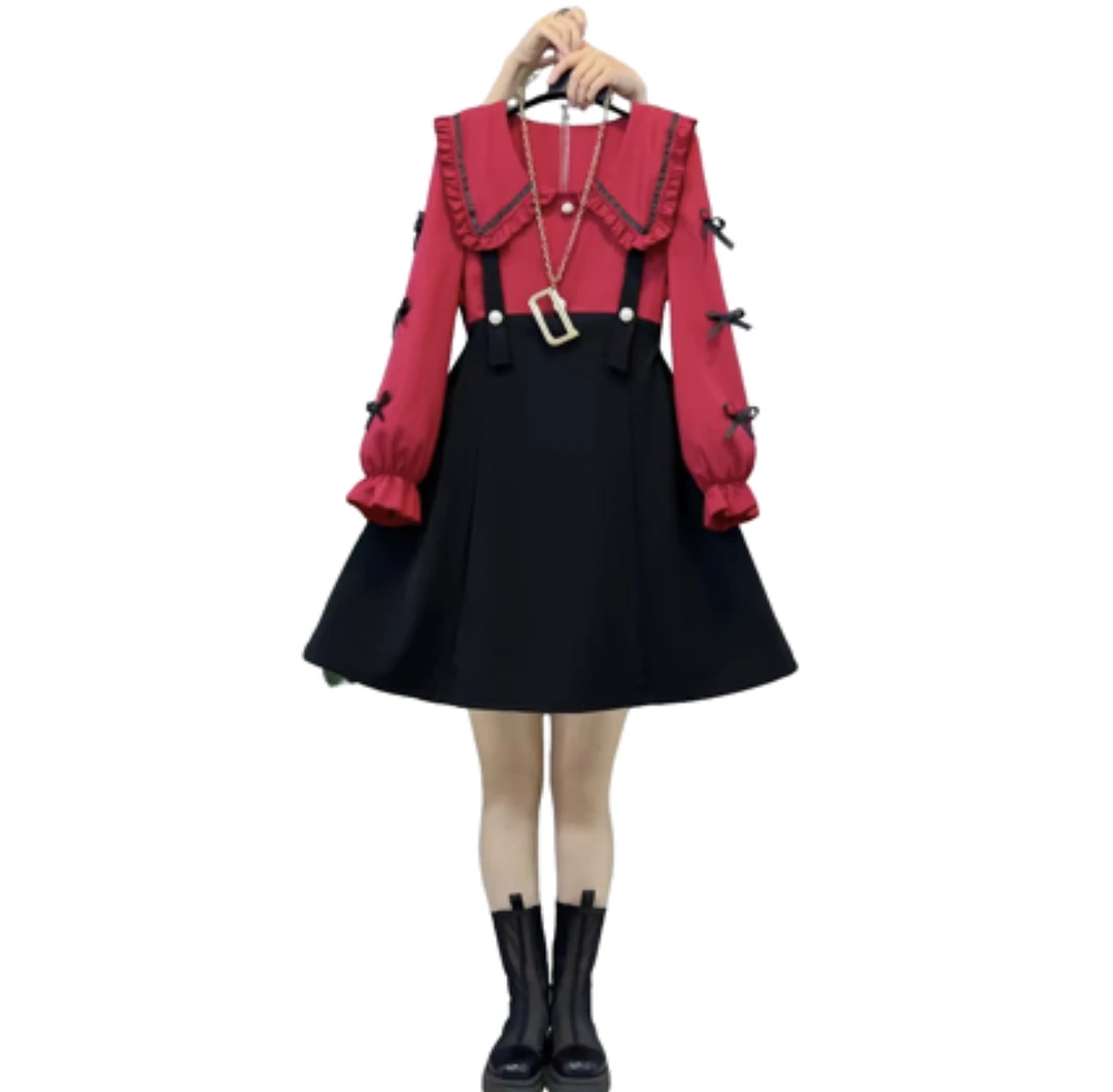 大码减龄娃娃领拼接显瘦假两件连衣裙