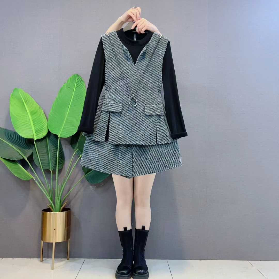 欧货新款宽松气质洋气马甲松紧腰短裤三件套胖mm遮肉显瘦三件套