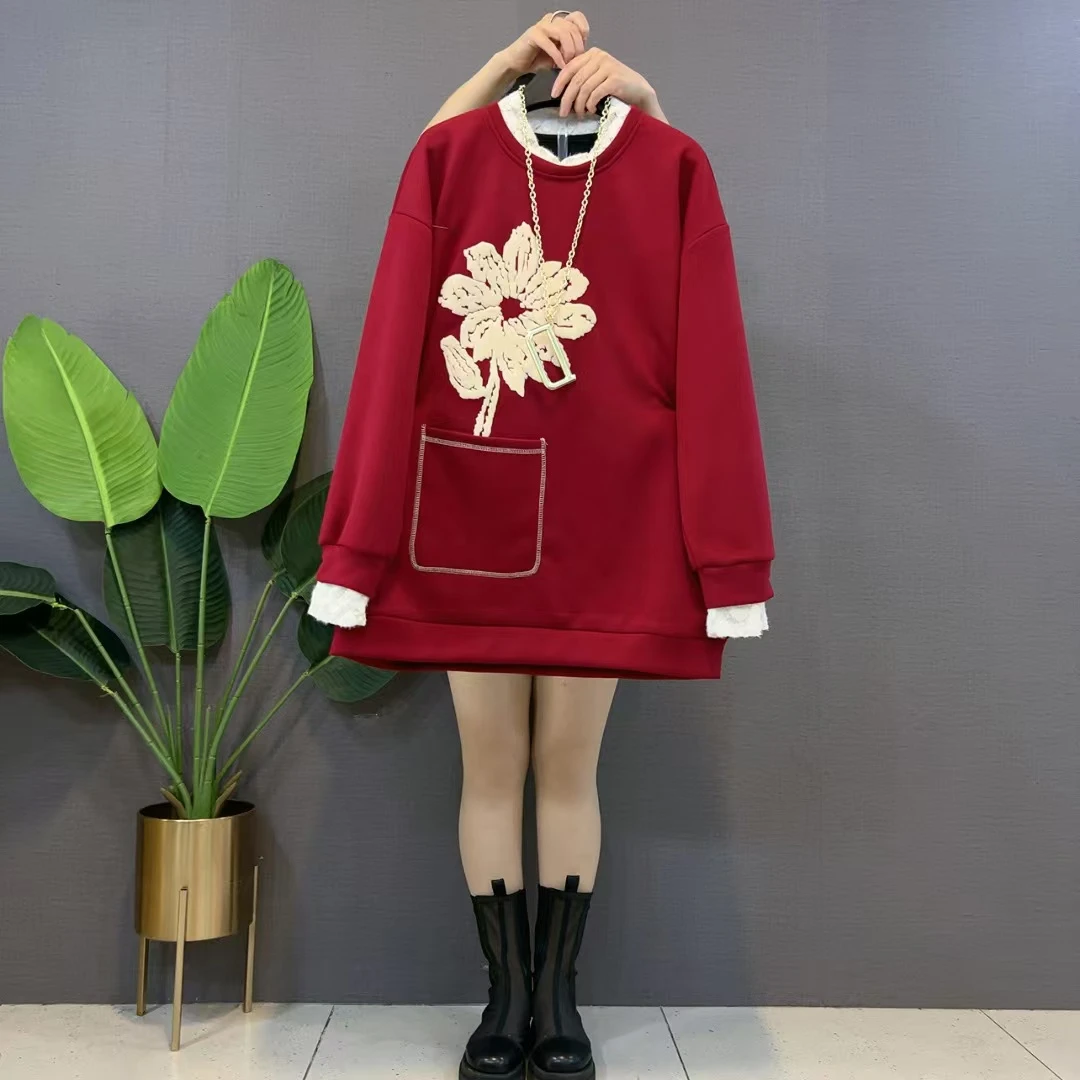 欧货新款胖mm韩版时尚减龄洋气百搭加绒打底衫宽松遮肉休闲卫衣