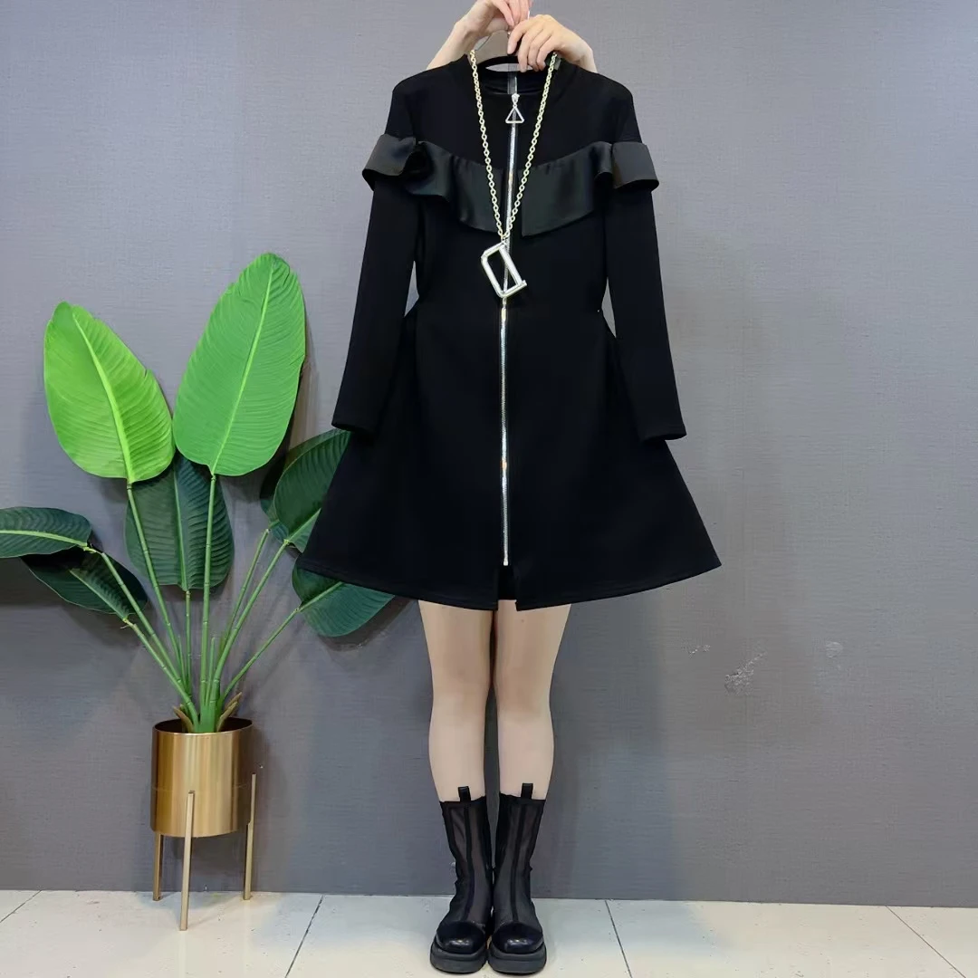 欧货修身显瘦连衣裙气质小众中长款荷叶边收腰百搭洋气连衣裙