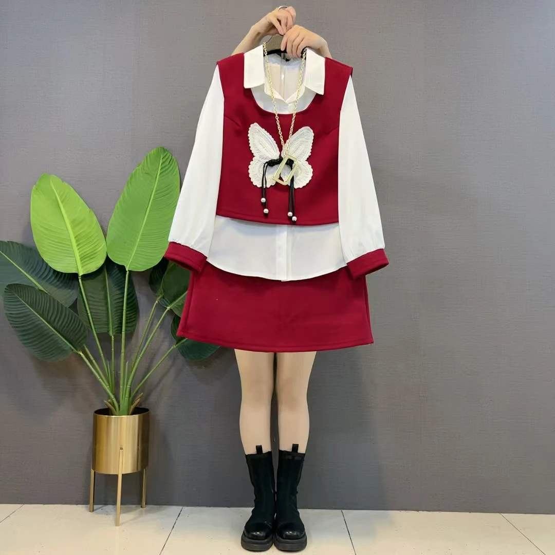 新款复古盘扣马甲打底衬衫短裙三件套上衣大码女装胖MM宽松冬季