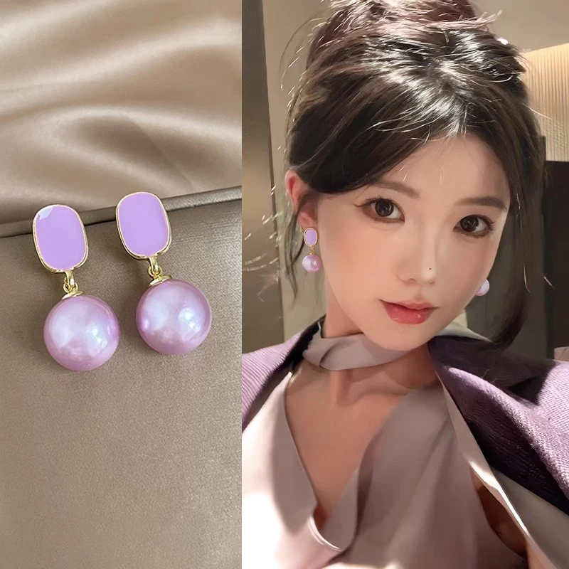 卡柒 合金耳饰 轻奢气质紫色珠珠耳环女生轻奢小众高级感耳钉百搭