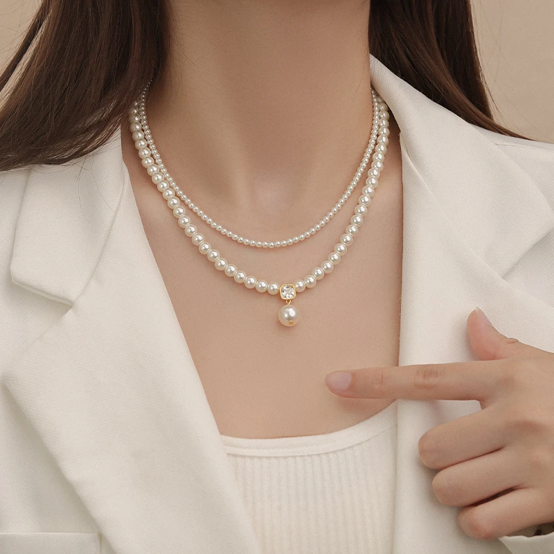 卡柒 铜合金项链 施家双层叠戴珠珠女颈链精致百搭锁骨链圣诞礼物