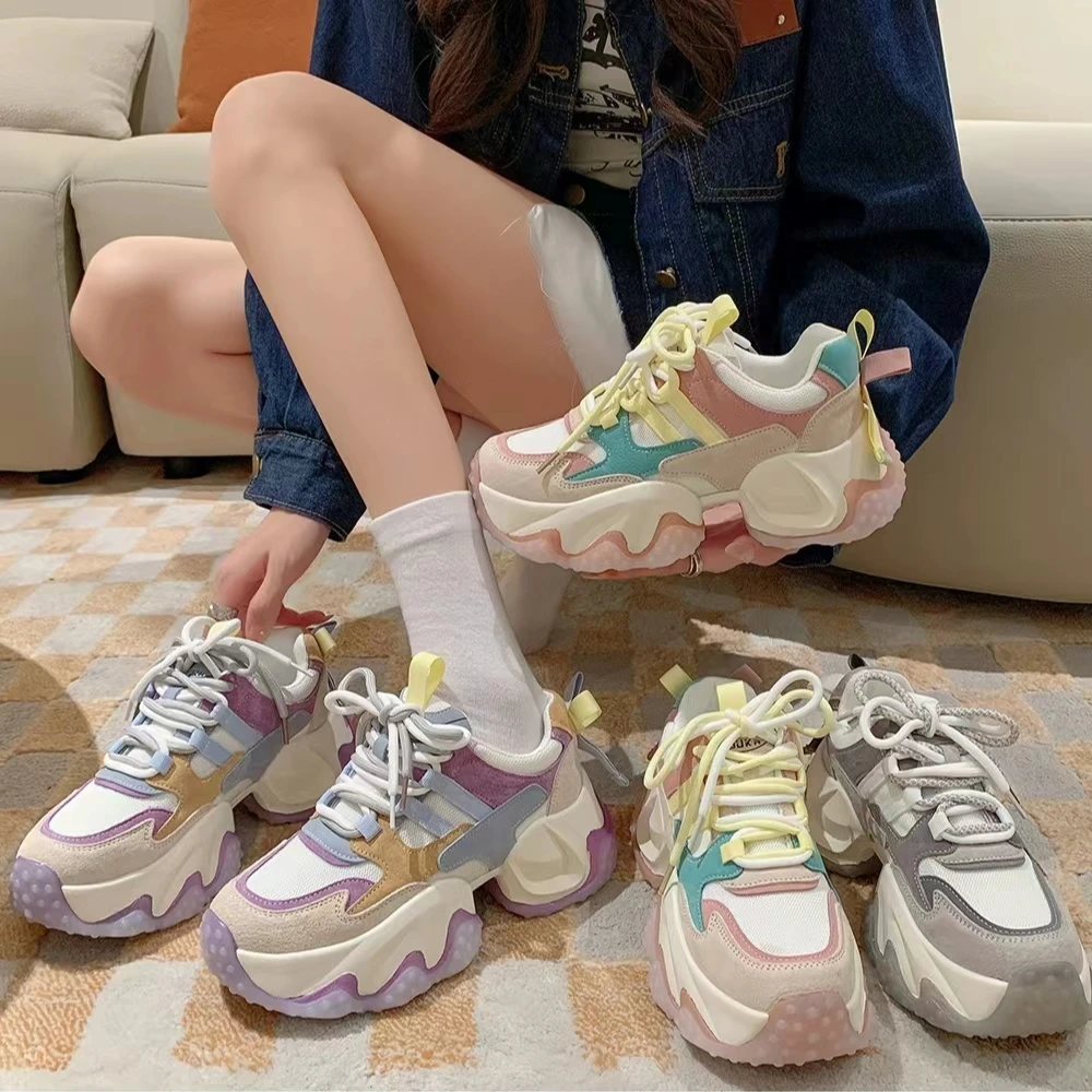 真皮牛皮老爹鞋女2023新款增高时尚厚底增高百搭透气休闲运动鞋子