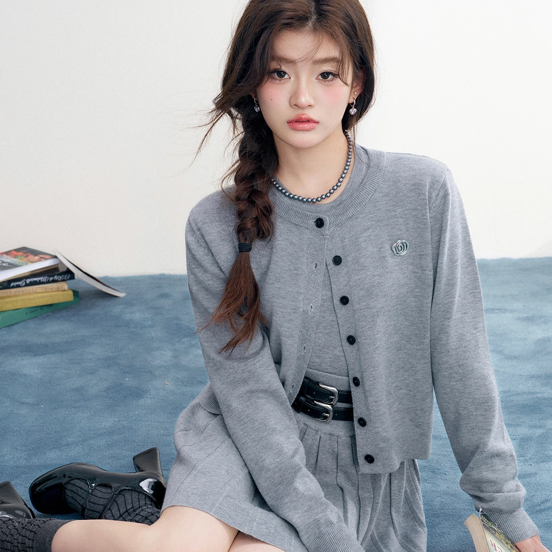 16DEWS cleanfit学院风针织时尚气质百搭小香风复古圆领短款套装