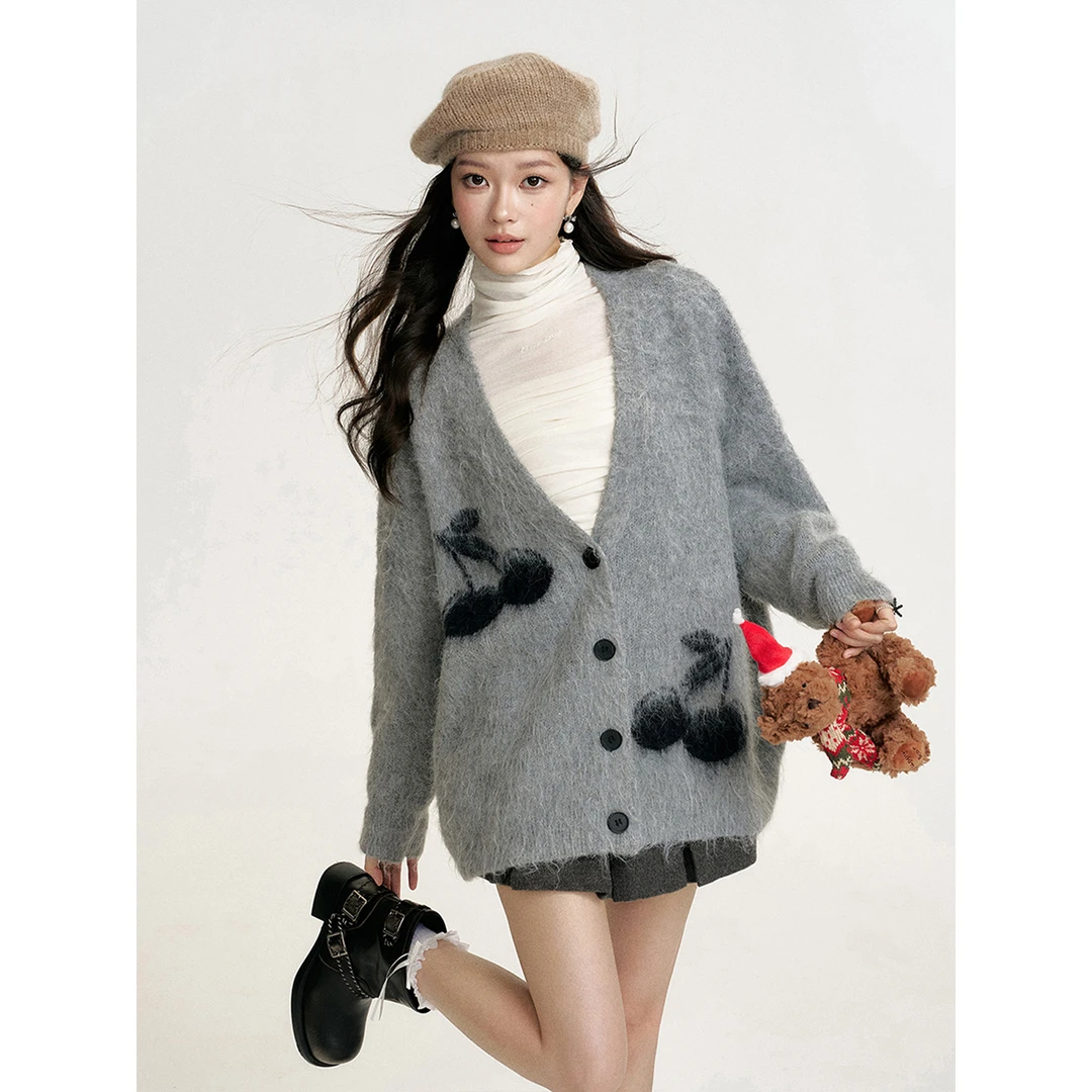 16DEWS 慵懒舒适 樱桃提花毛感毛衣开衫