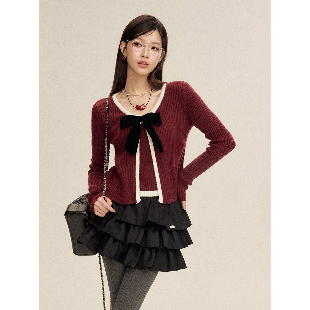 16DEWS 安可拉红撞色立体蝴蝶结假两件毛衣开衫
