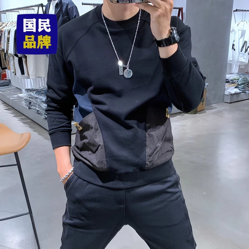 款秋冬季拼接口袋ins潮牌卫衣男士打底衫圆领秋季男时尚休闲百搭