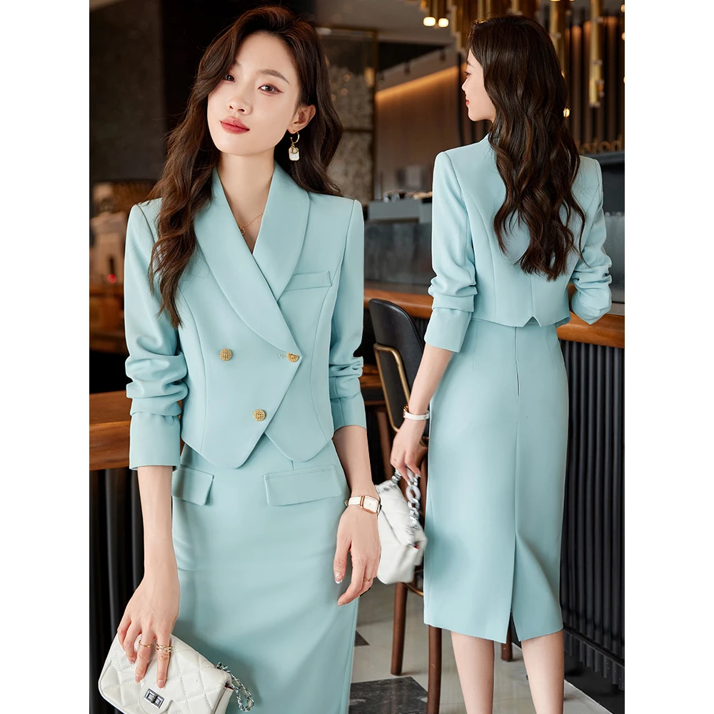 蓝色西装套装女气质名媛小香风职业西服半身裙套裙高级感短款外套
