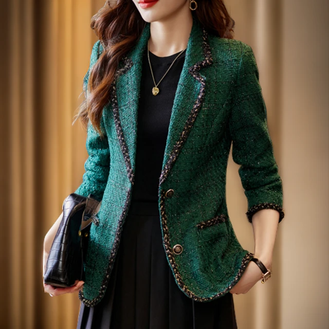 小香风绿色西装外套女秋冬2025新款高级感休闲小个子气质女士西服