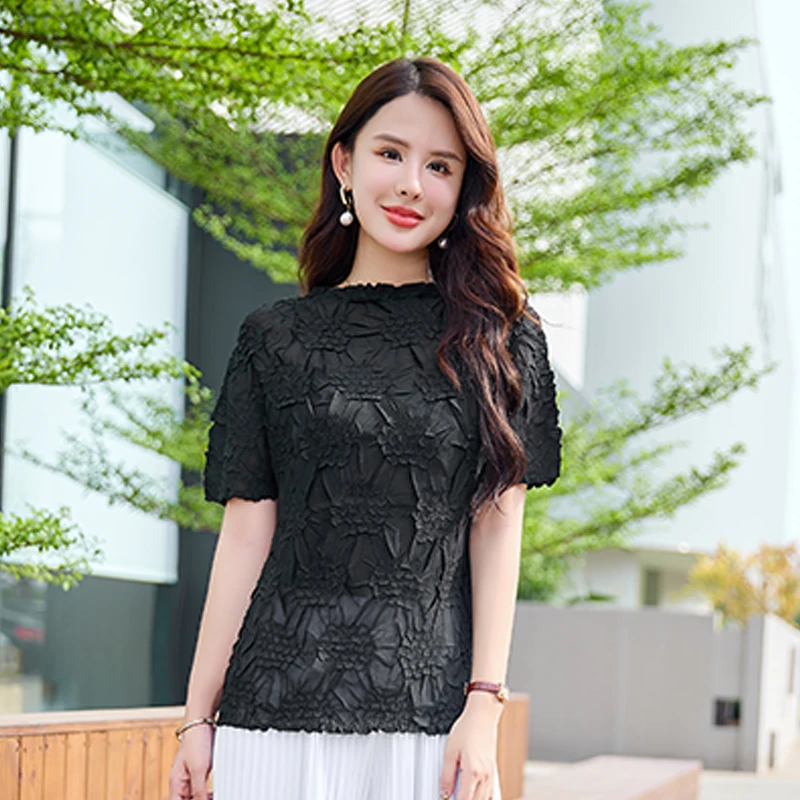 三宅褶衣时尚花纹章褶皱时尚夏季百搭短袖T恤女