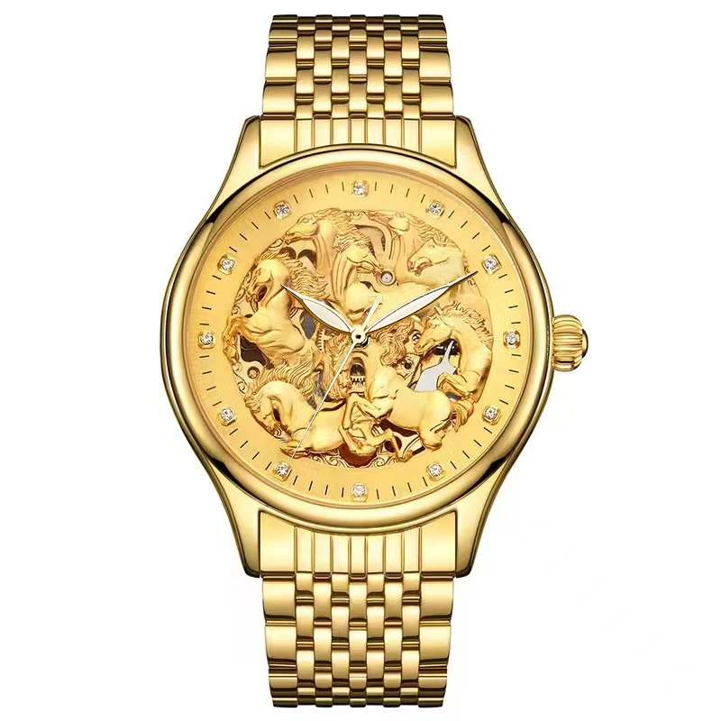 八骏马-时尚奢华高端金色浮雕马王全自动机械腕表gd-Q