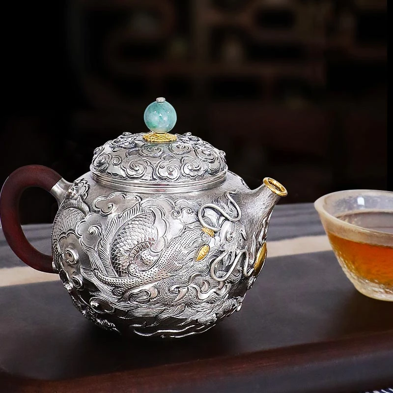 泡茶壶龙行天下家用复古纯手工日式大容量中式祥龙献瑞足银泡茶壶
