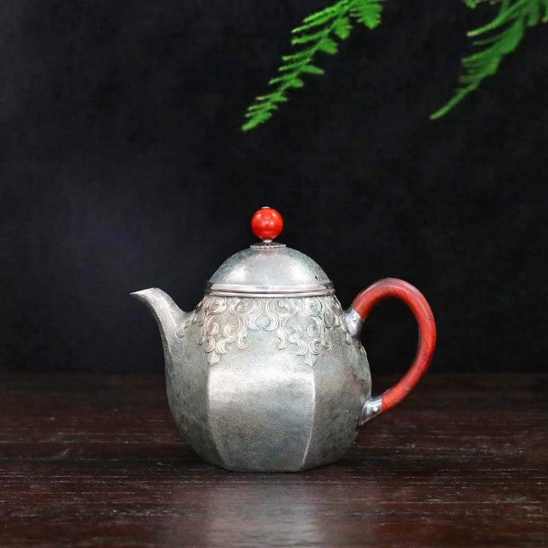 泡茶壶 六方小壶银壶足银家用收藏纯手工中式泡壶复古木把手把壶