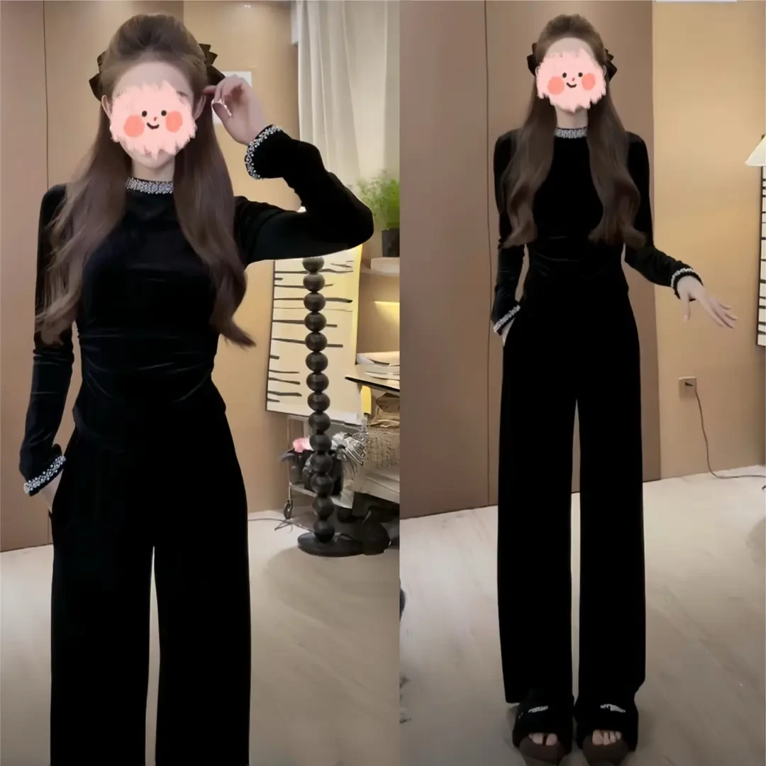 2024秋冬新款重工花边拼接显瘦气质丝绒上衣加绒直筒休闲裤套装女