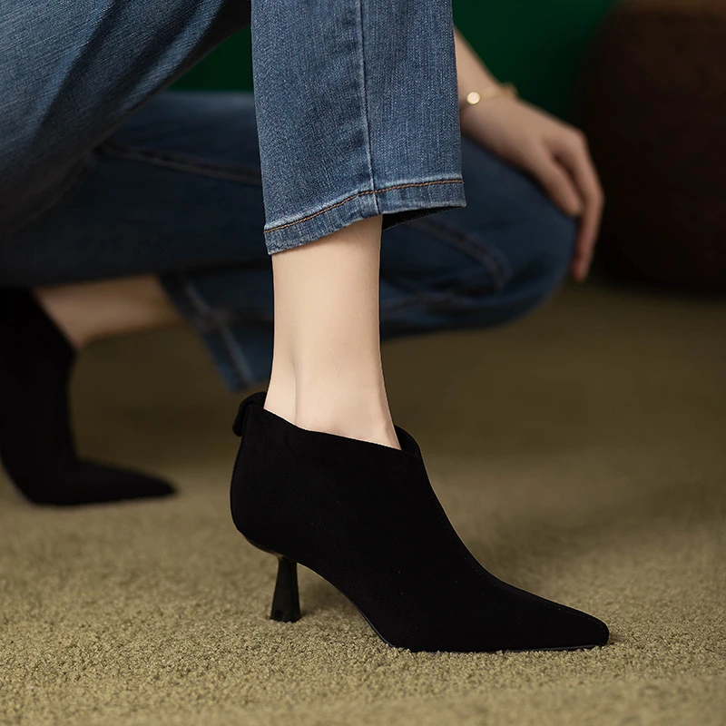 2025秋冬新款软皮单靴高跟鞋女性感尖头细跟套筒及踝靴加绒瘦瘦靴