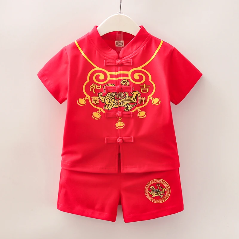 儿童唐装古风小孩夏天衣服 宝宝抓周服1-2-3岁男女童短袖夏装套装