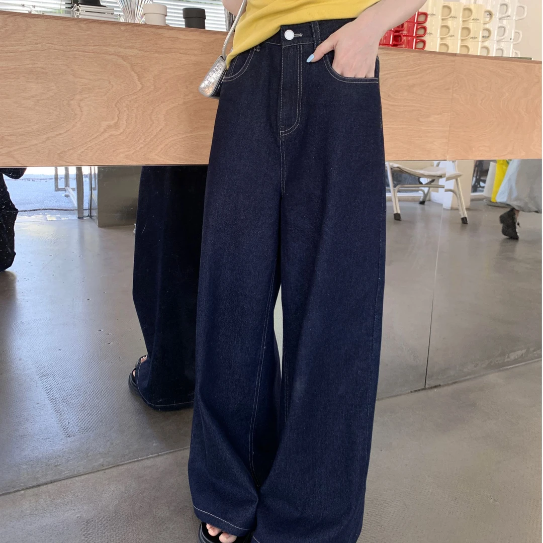 Zzhen【美式女高】复古深蓝色阔腿牛仔裤慵懒休闲高腰长裤DKZ679！