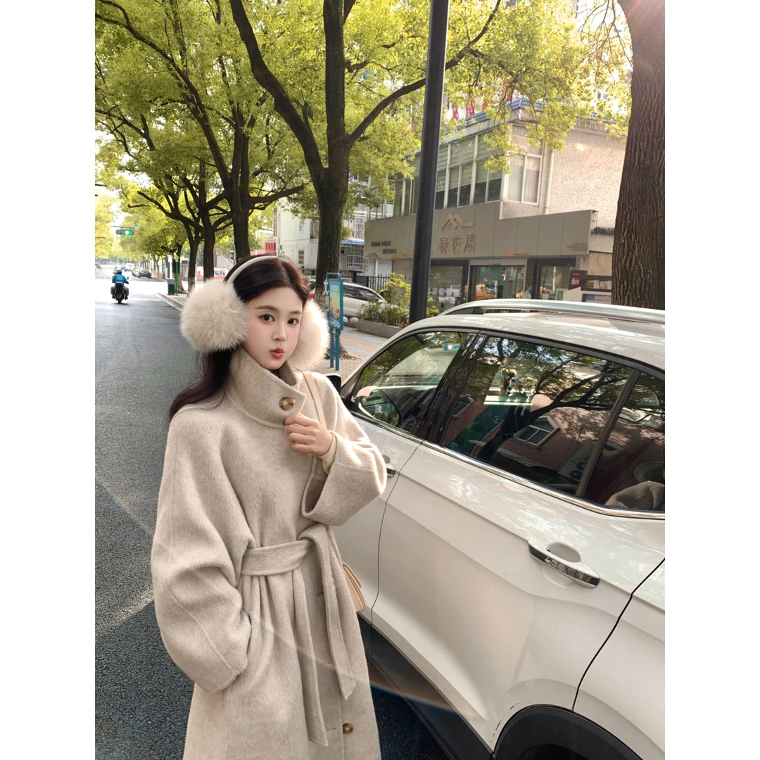 Zzhen【德琳南洋】立领系带收腰双面大衣气质显瘦毛呢外套DWT1209