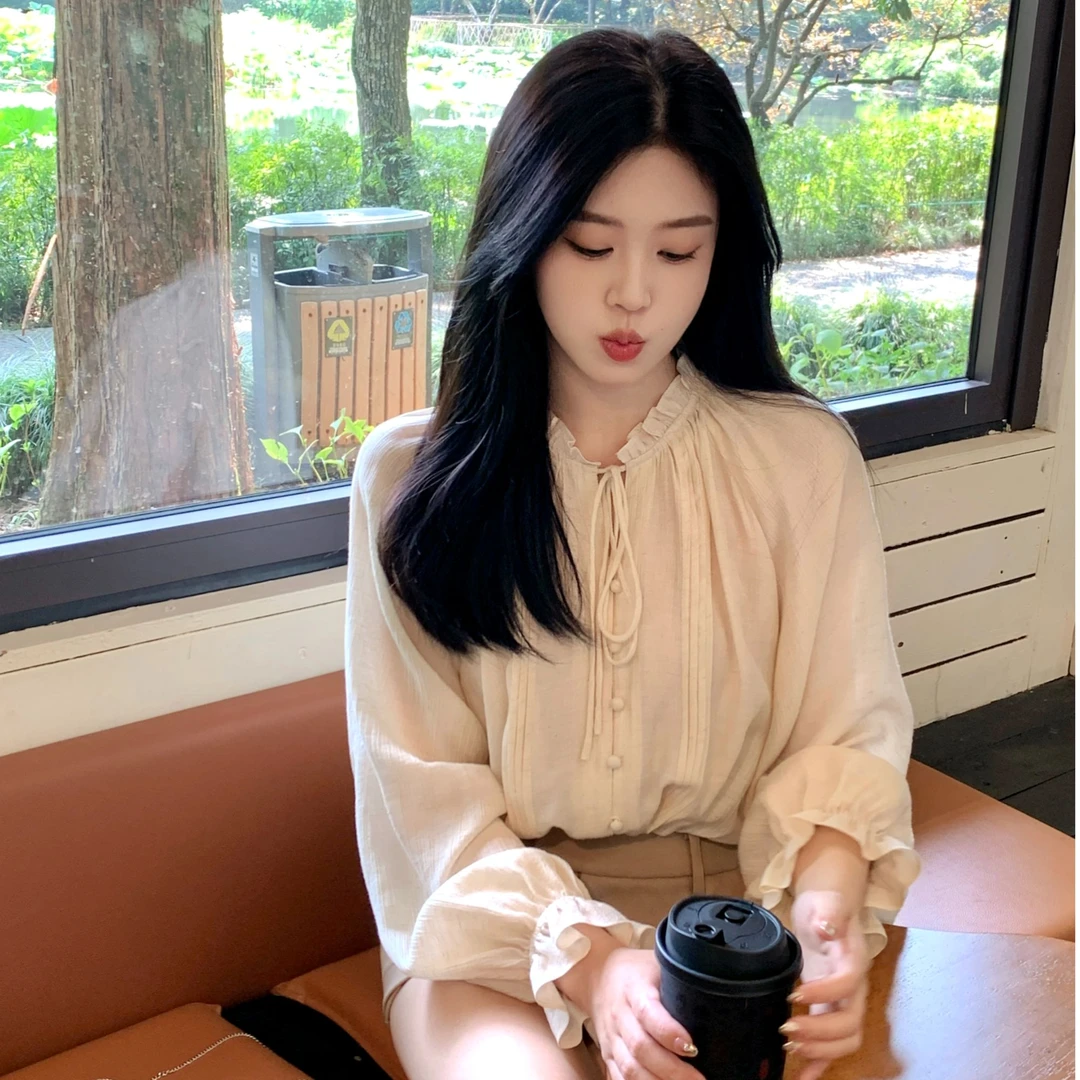 Zzhen【爱尔兰杏赫】法式复古系带上衣木耳花边领长袖衬衫DCS419！