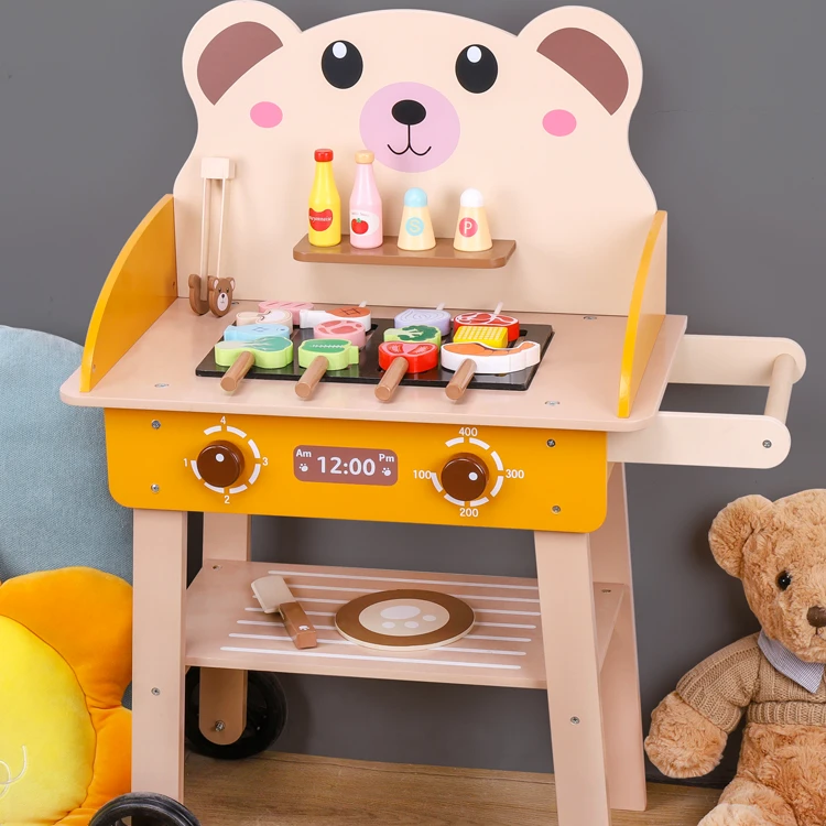木质儿童小熊烧烤架推车厨房过家家玩具