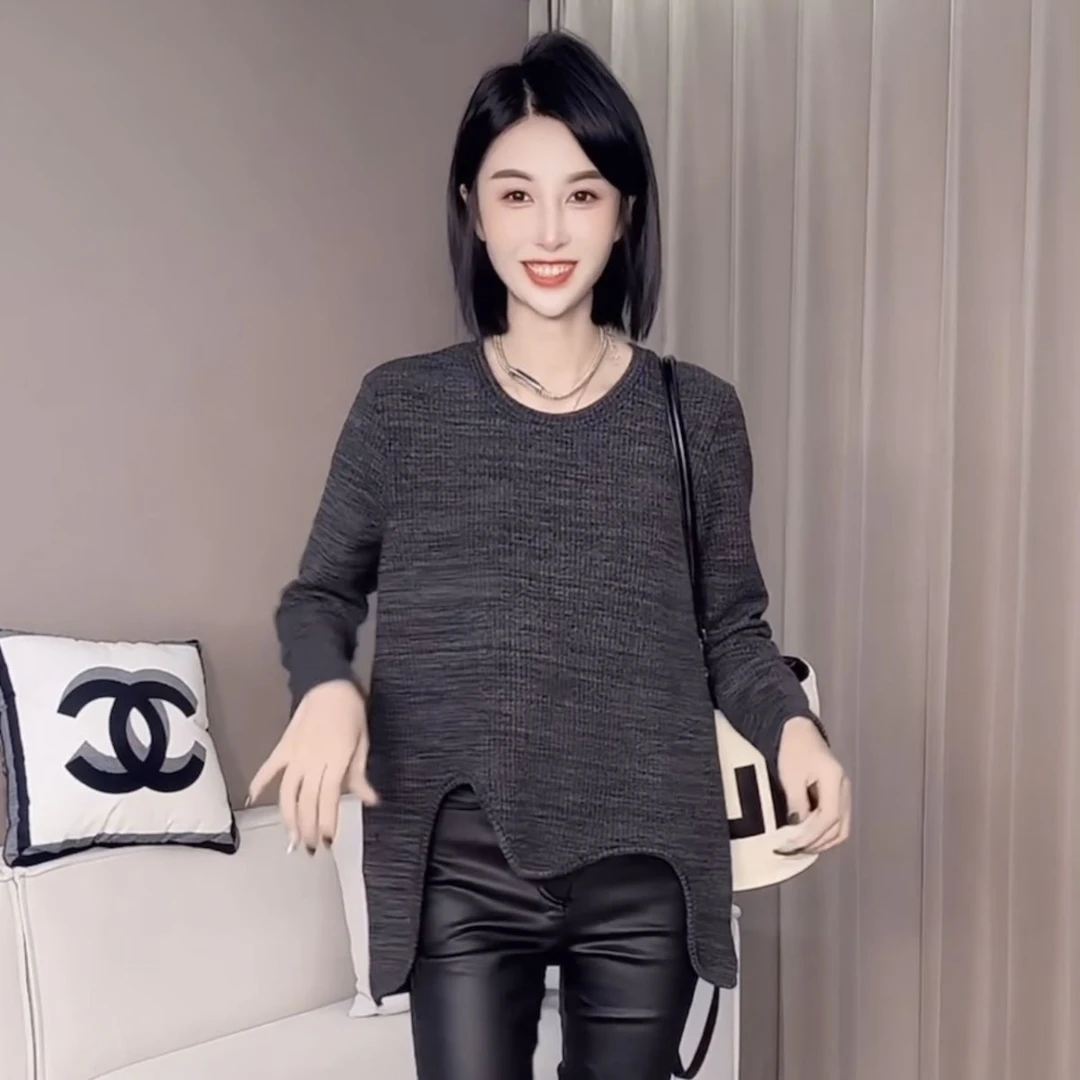 韩版时尚百搭深灰色圆领不规则下摆设计长袖内搭上衣女秋冬新款潮