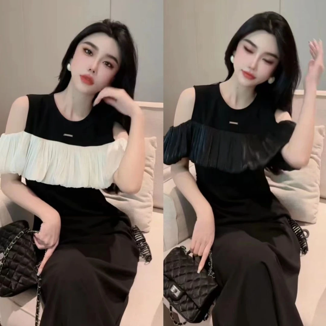 设计感小众拼接露肩连衣裙欧洲站2024荷叶边气质显瘦时髦长裙女