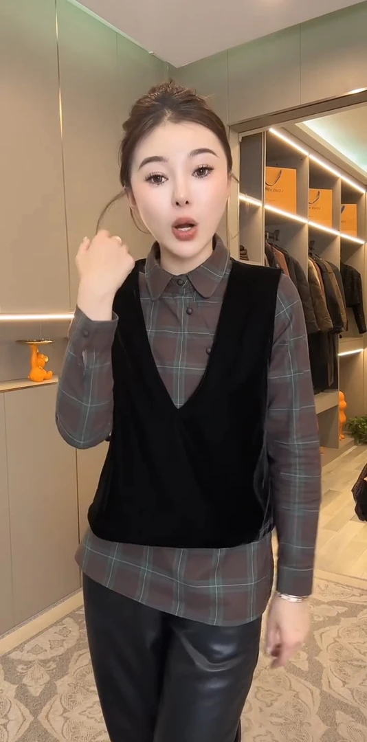 女士2024秋冬新款格子条纹衬衫复古休闲时尚格纹宽松韩版长袖上衣