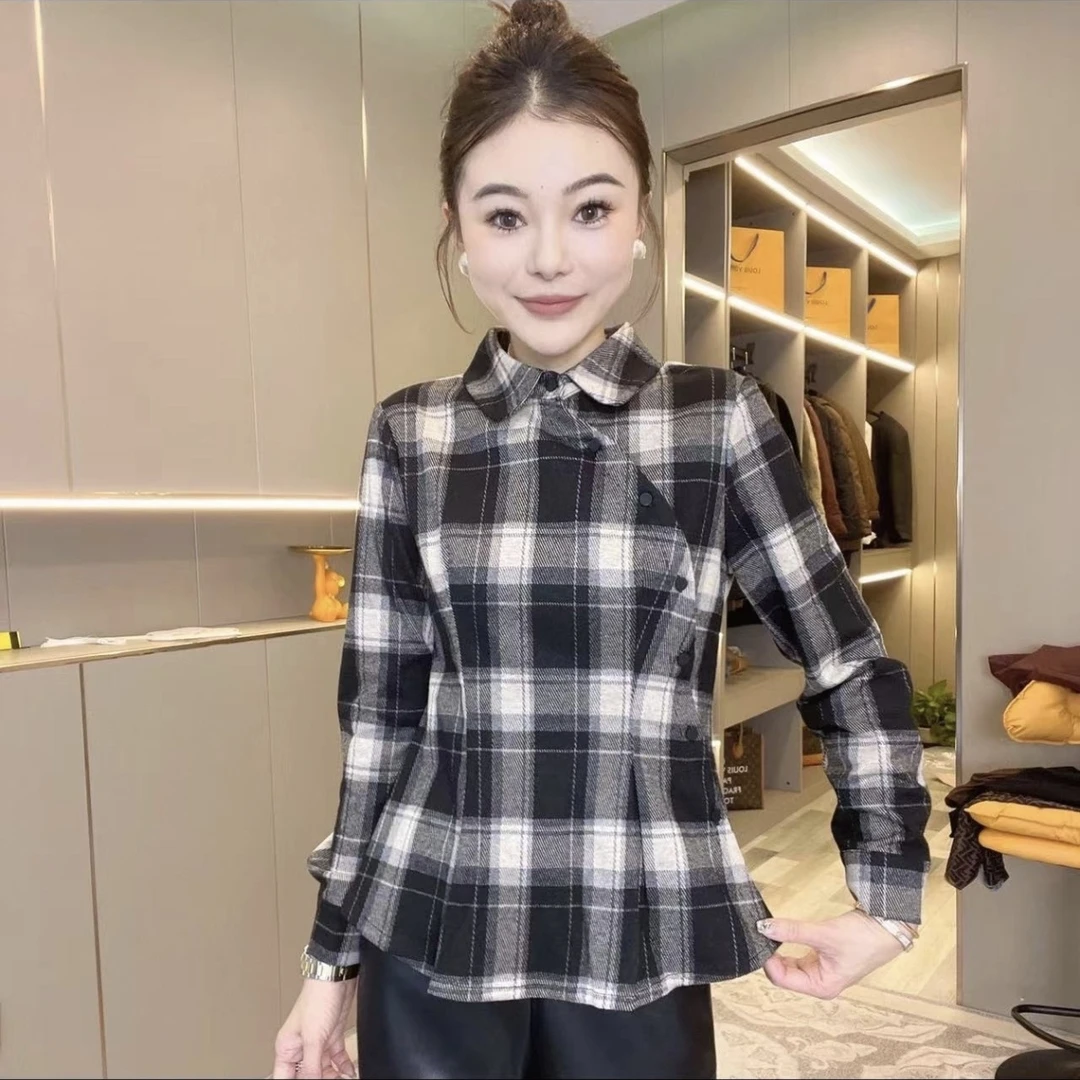 秋冬新款格子衬衫复古斜襟翻领小衫收腰显瘦遮肉时尚洋气外套上衣