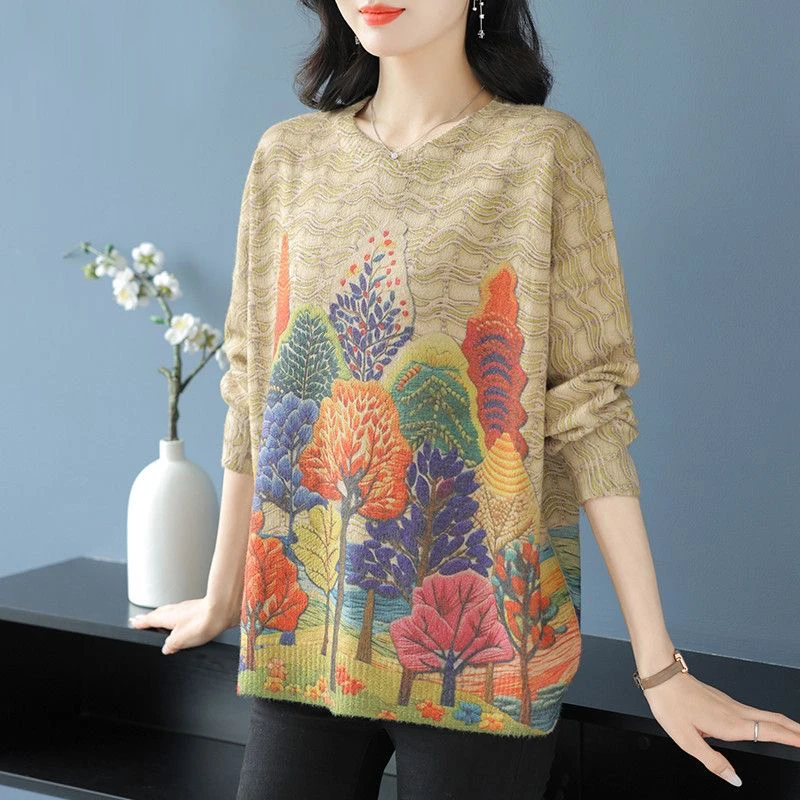 2024秋冬新款羊毛衫洋气森林印花毛衣宽松大码妈妈针织衫打底上衣