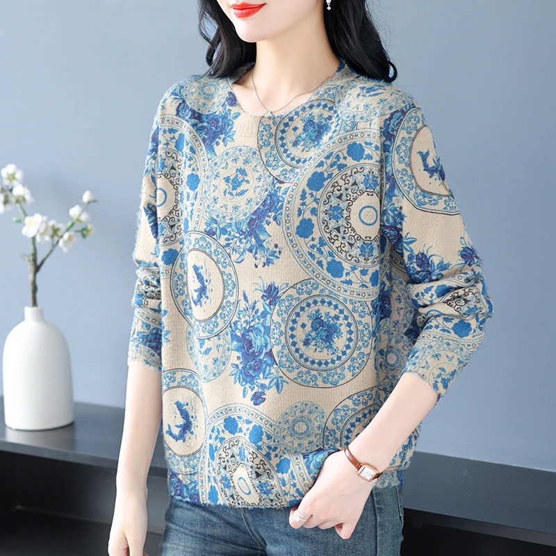 2024国风显瘦大码圆领毛衣女秋冬时尚洋气毛针织衫宽松遮肚打底衫