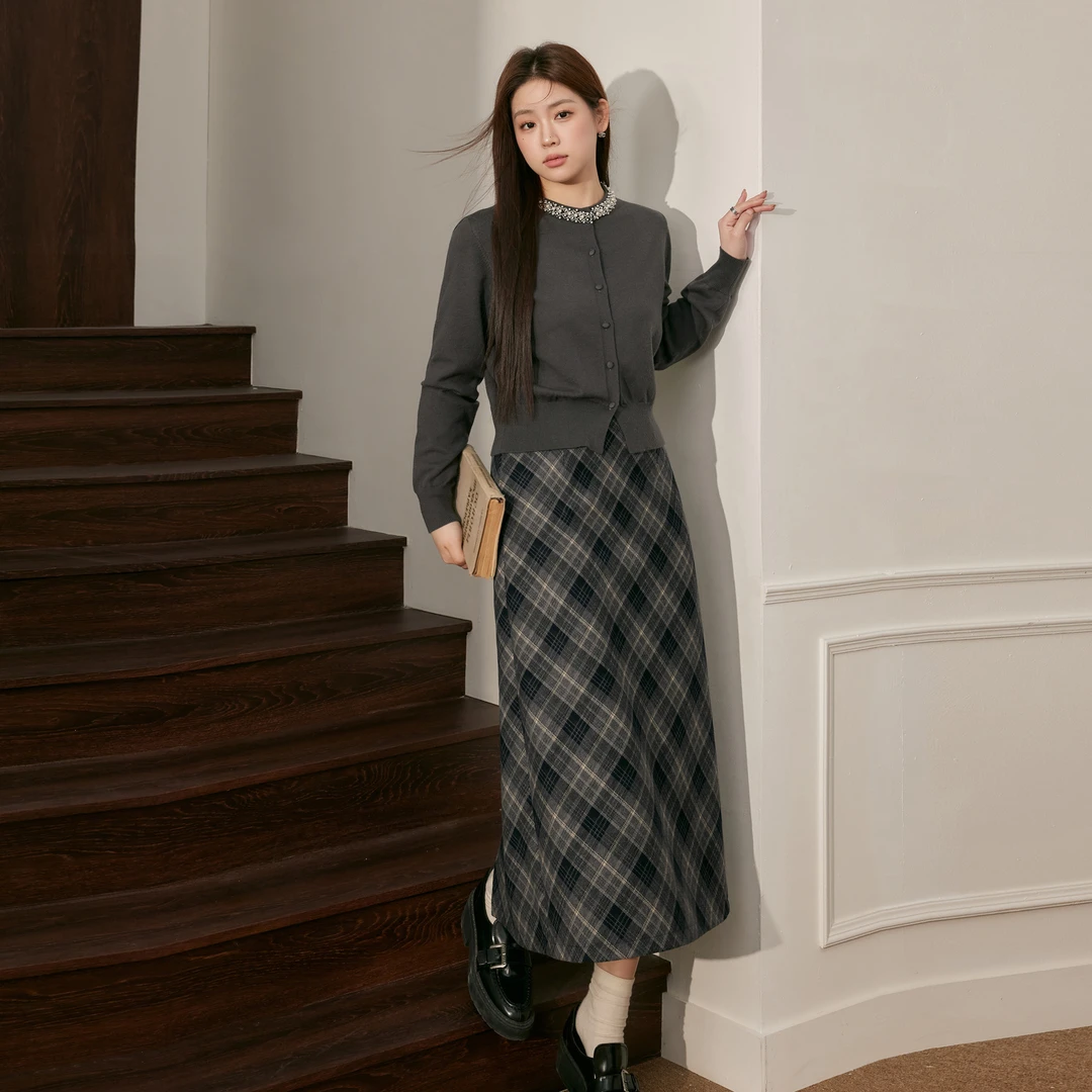 蓝语大码女装胖mm小香风针织衫上衣显瘦格纹半身裙秋冬一整套穿搭