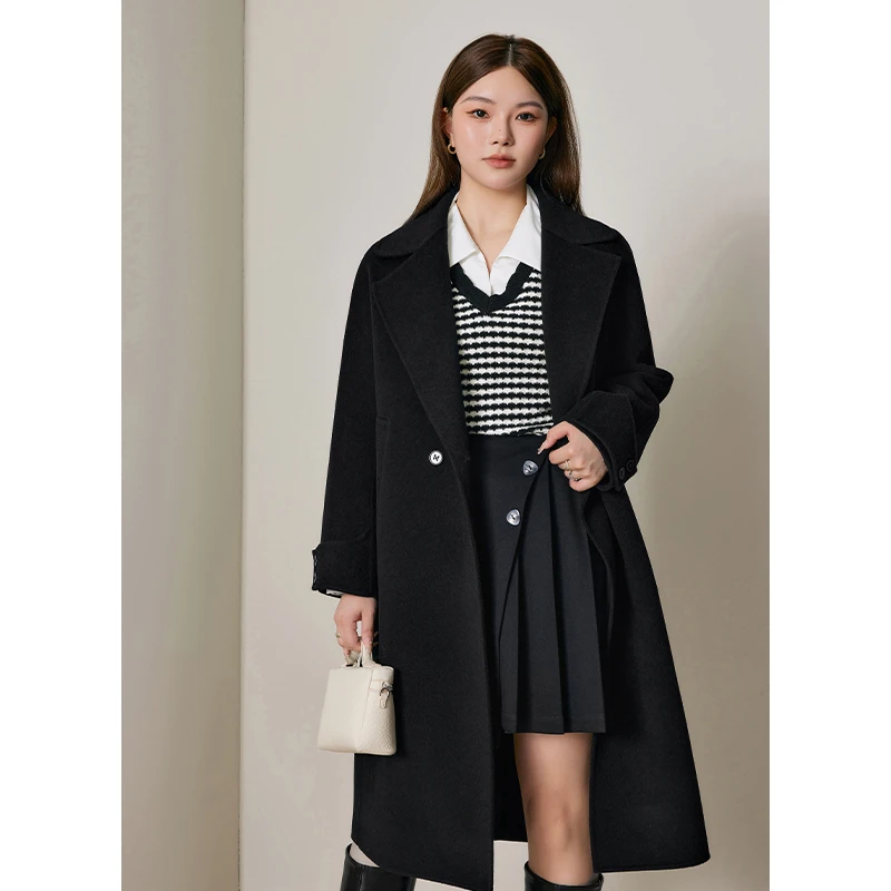 蓝语大码女装气质双面羊毛大衣2023冬季胖mm宽松毛呢外套中长