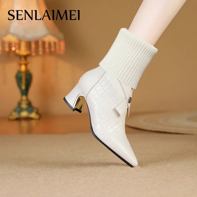 针织毛线靴/牛皮/34-42/8890软底软面低跟毛线靴尖头粗跟真皮靴子