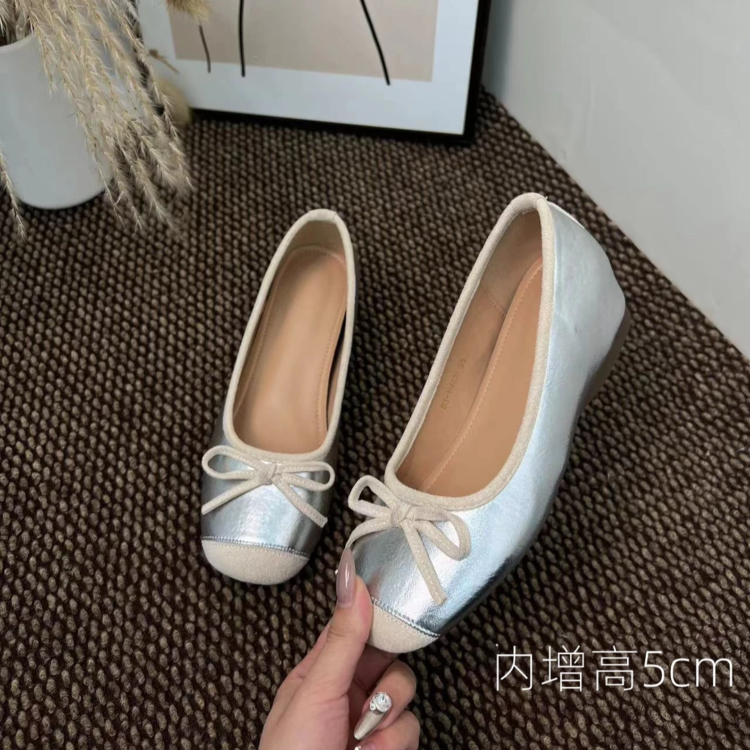 内增高5cm 银色蝴蝶结芭蕾女鞋法式平底单鞋百搭软底圆头平底鞋女