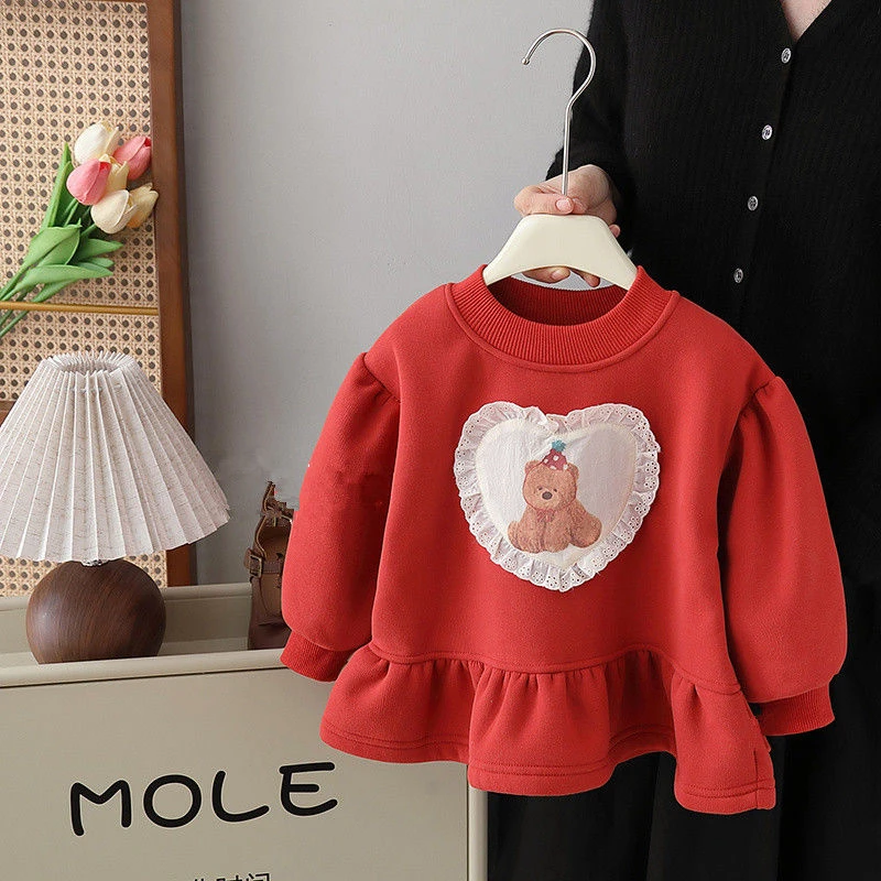 女童冬季新款加绒保暖红色卫衣裙女宝宝小熊花边一体绒可爱上衣潮