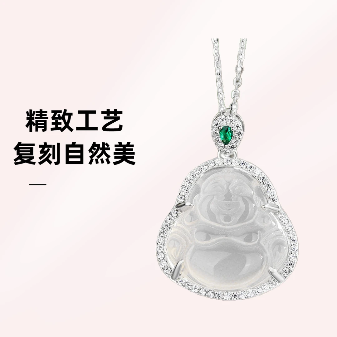 坠链均925银合成锆石 s925纯银镶钻弥勒佛项链轻奢精致女士佛公