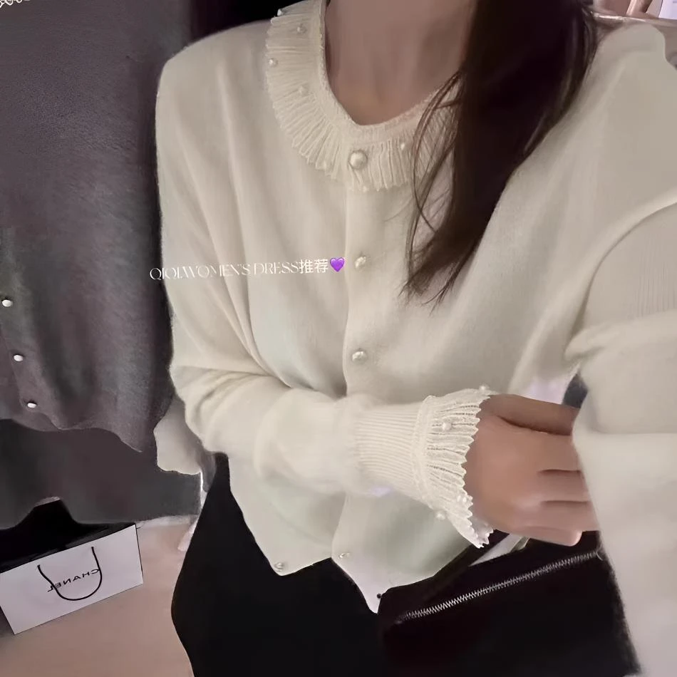 气质百搭钉珠蕾丝荷叶领针织开衫上衣简约设计纯色时尚小香风长袖