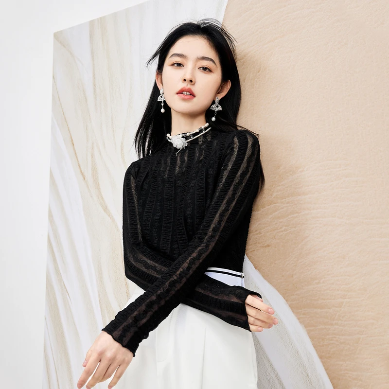 秋水伊人优雅舒适蕾丝内搭衬衣女2024年春季新款百搭通勤雪纺上衣
