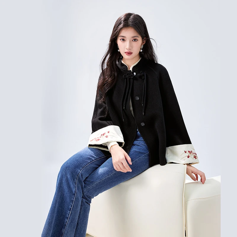 秋水伊人新中式立领短款毛呢外套2024年冬季新款女全羊毛国风大衣