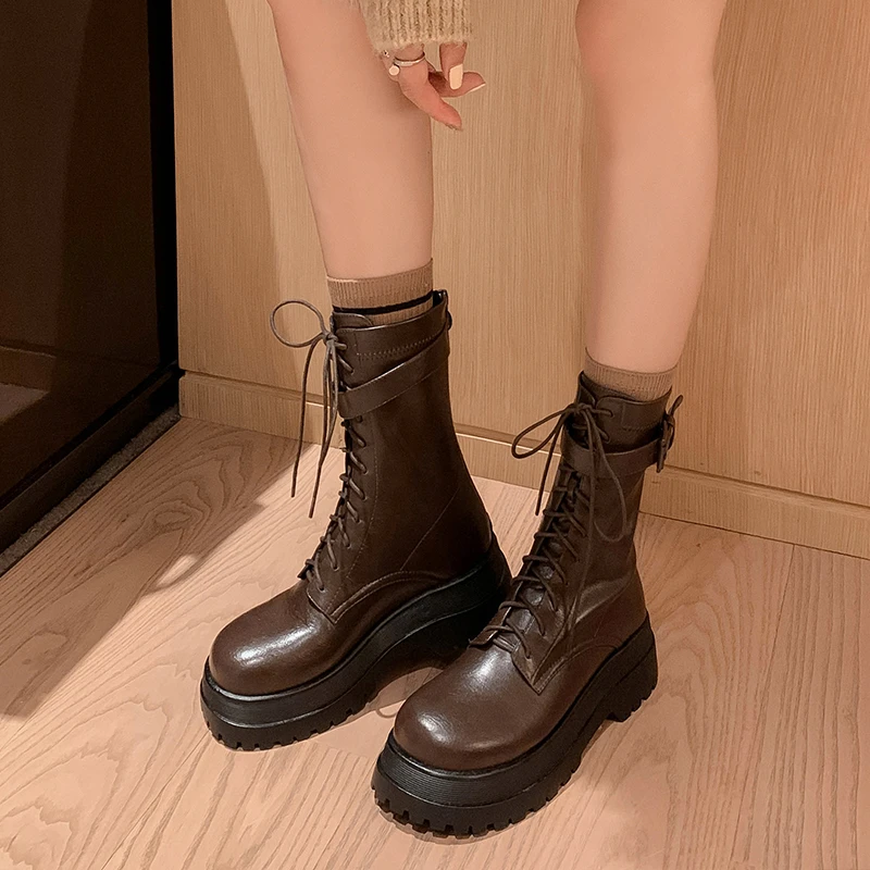 UEAVOO小个子松糕厚底系带真皮短靴女高跟圆头马丁靴英伦风机车靴