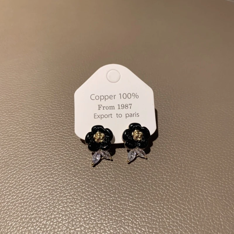 铜合金亚克力耳饰 小香风黑色玫瑰花山茶花气质百搭小清新耳钉
