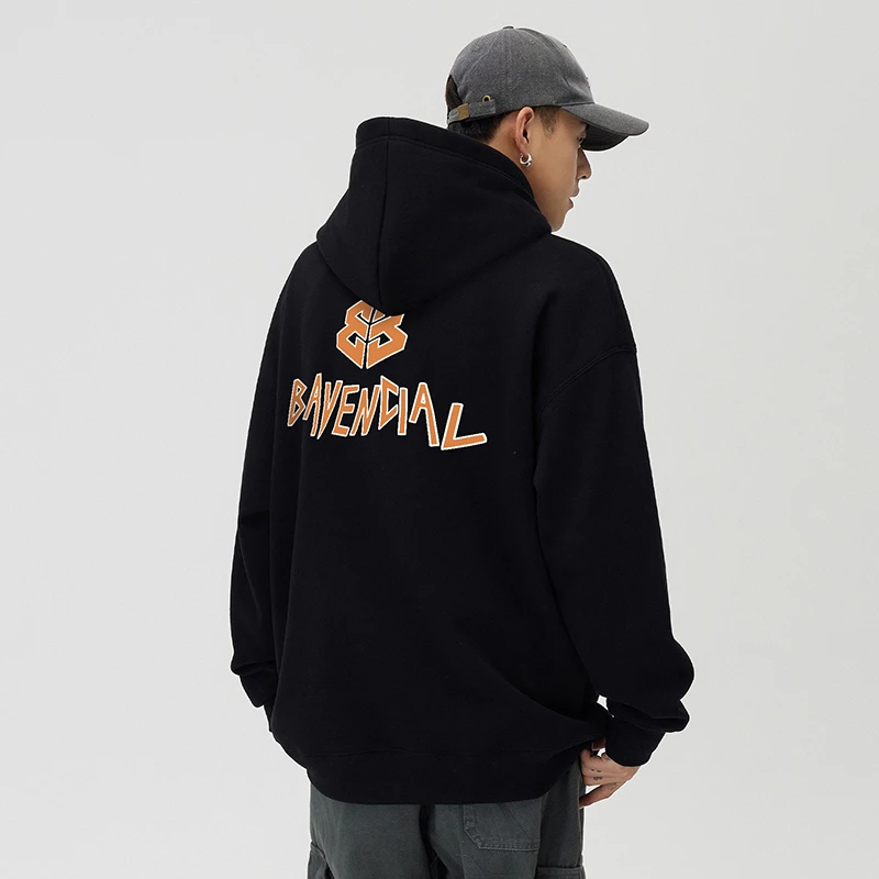 美式vintage字母印花连帽卫衣男女秋季加绒情侣帽衫