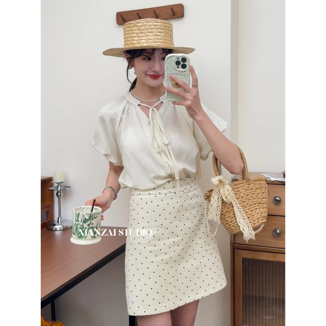 XIANZAI【约定夏天】韩系温柔风甜美气质夏季绑带上衣花苞短袖